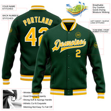 Load image into Gallery viewer, Custom Green Gold-White Bomber Full-Snap Varsity Letterman Jacket