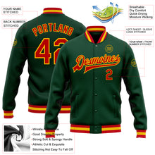 Load image into Gallery viewer, Custom Green Red-Gold Bomber Full-Snap Varsity Letterman Jacket