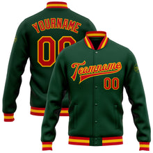 Load image into Gallery viewer, Custom Green Red-Gold Bomber Full-Snap Varsity Letterman Jacket
