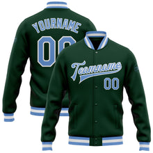 Load image into Gallery viewer, Custom Green Light Blue-White Bomber Full-Snap Varsity Letterman Jacket