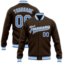 Load image into Gallery viewer, Custom Brown Light Blue-White Bomber Full-Snap Varsity Letterman Jacket