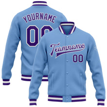 Load image into Gallery viewer, Custom Light Blue Purple-White Bomber Full-Snap Varsity Letterman Jacket