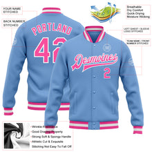 Load image into Gallery viewer, Custom Light Blue Pink-White Bomber Full-Snap Varsity Letterman Jacket