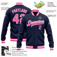 Load image into Gallery viewer, Custom Navy Pink-White Bomber Full-Snap Varsity Letterman Jacket
