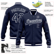 Load image into Gallery viewer, Custom Navy Navy-White Bomber Full-Snap Varsity Letterman Jacket