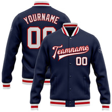 Load image into Gallery viewer, Custom Navy White-Red Bomber Full-Snap Varsity Letterman Jacket