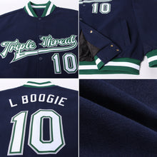 Load image into Gallery viewer, Custom Navy White Kelly Green-Gray Bomber Full-Snap Varsity Letterman Jacket