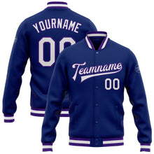Load image into Gallery viewer, Custom Royal White-Purple Bomber Full-Snap Varsity Letterman Jacket