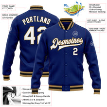 Load image into Gallery viewer, Custom Royal White Old Gold-Black Bomber Full-Snap Varsity Letterman Jacket