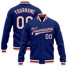 Load image into Gallery viewer, Custom Royal White-Red Bomber Full-Snap Varsity Letterman Jacket