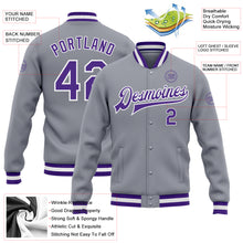 Load image into Gallery viewer, Custom Gray Purple-White Bomber Full-Snap Varsity Letterman Jacket