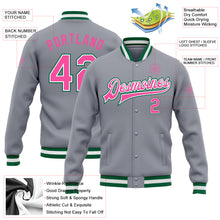 Load image into Gallery viewer, Custom Gray Pink-Kelly Green Bomber Full-Snap Varsity Letterman Jacket