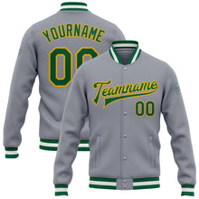 Load image into Gallery viewer, Custom Gray Kelly Green-Gold Bomber Full-Snap Varsity Letterman Jacket