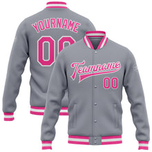 Load image into Gallery viewer, Custom Gray Pink-White Bomber Full-Snap Varsity Letterman Jacket