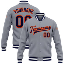 Load image into Gallery viewer, Custom Gray Navy-Orange Bomber Full-Snap Varsity Letterman Jacket