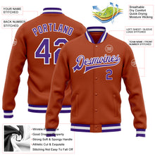 Load image into Gallery viewer, Custom Texas Orange Purple-White Bomber Full-Snap Varsity Letterman Jacket