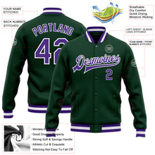 Load image into Gallery viewer, Custom Green Purple-White Bomber Full-Snap Varsity Letterman Jacket