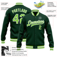 Load image into Gallery viewer, Custom Green Neon Green-White Bomber Full-Snap Varsity Letterman Jacket