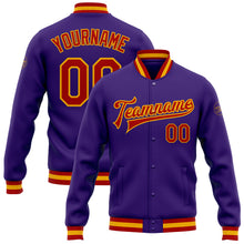 Load image into Gallery viewer, Custom Purple Red-Gold Bomber Full-Snap Varsity Letterman Jacket