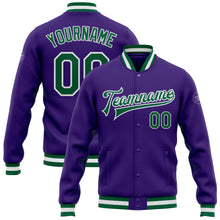 Load image into Gallery viewer, Custom Purple Kelly Green-White Bomber Full-Snap Varsity Letterman Jacket