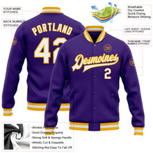 Load image into Gallery viewer, Custom Purple White-Gold Bomber Full-Snap Varsity Letterman Jacket