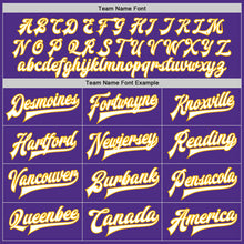 Load image into Gallery viewer, Custom Purple White-Gold Bomber Full-Snap Varsity Letterman Jacket