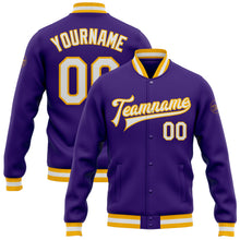 Load image into Gallery viewer, Custom Purple White-Gold Bomber Full-Snap Varsity Letterman Jacket