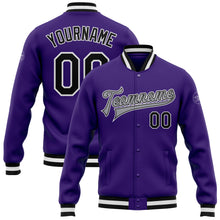 Load image into Gallery viewer, Custom Purple Black-Gray Bomber Full-Snap Varsity Letterman Jacket