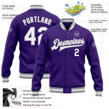 Load image into Gallery viewer, Custom Purple White-Gray Bomber Full-Snap Varsity Letterman Jacket
