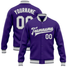 Load image into Gallery viewer, Custom Purple White-Gray Bomber Full-Snap Varsity Letterman Jacket