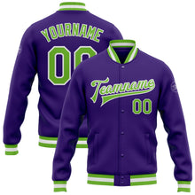 Load image into Gallery viewer, Custom Purple Neon Green-White Bomber Full-Snap Varsity Letterman Jacket