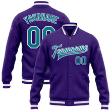 Load image into Gallery viewer, Custom Purple Teal-White Bomber Full-Snap Varsity Letterman Jacket