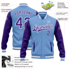 Load image into Gallery viewer, Custom Light Blue Purple-White Bomber Full-Snap Varsity Letterman Two Tone Jacket