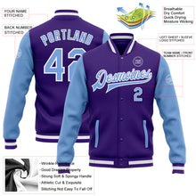 Load image into Gallery viewer, Custom Purple Light Blue-White Bomber Full-Snap Varsity Letterman Two Tone Jacket