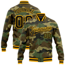 Load image into Gallery viewer, Custom Camo Black-Gold Bomber Full-Snap Varsity Letterman Salute To Service Jacket