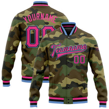 Load image into Gallery viewer, Custom Camo Pink Black-Light Blue Bomber Full-Snap Varsity Letterman Salute To Service Jacket