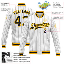 Load image into Gallery viewer, Custom White Black Pinstripe Black-Gold Bomber Full-Snap Varsity Letterman Jacket