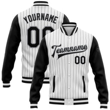 Load image into Gallery viewer, Custom White Black Pinstripe Black-Gray Bomber Full-Snap Varsity Letterman Two Tone Jacket