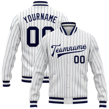 Load image into Gallery viewer, Custom White Navy Pinstripe Navy-White Bomber Full-Snap Varsity Letterman Jacket