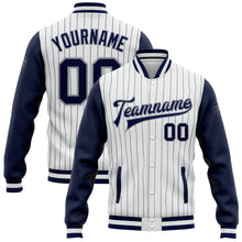 Load image into Gallery viewer, Custom White Navy Pinstripe Navy-Gray Bomber Full-Snap Varsity Letterman Two Tone Jacket