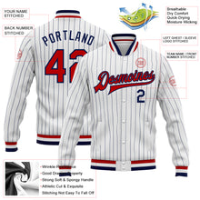 Load image into Gallery viewer, Custom White Navy Pinstripe Red-Navy Bomber Full-Snap Varsity Letterman Jacket