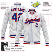 Load image into Gallery viewer, Custom White Royal Pinstripe Royal-Red Bomber Full-Snap Varsity Letterman Jacket