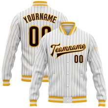 Load image into Gallery viewer, Custom White Brown Pinstripe Brown-Gold Bomber Full-Snap Varsity Letterman Jacket