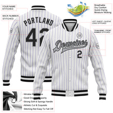 Load image into Gallery viewer, Custom White Purple Pinstripe Black-Gray Bomber Full-Snap Varsity Letterman Jacket