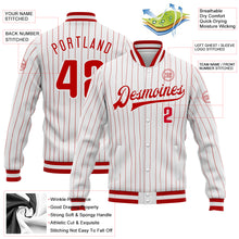 Load image into Gallery viewer, Custom White Red Pinstripe Red-White Bomber Full-Snap Varsity Letterman Jacket