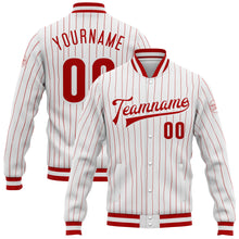 Load image into Gallery viewer, Custom White Red Pinstripe Red-White Bomber Full-Snap Varsity Letterman Jacket
