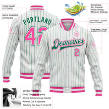 Load image into Gallery viewer, Custom White Kelly Green Pinstripe Pink-Kelly Green Bomber Full-Snap Varsity Letterman Jacket