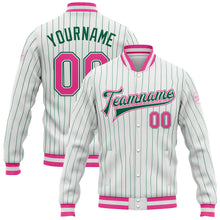 Load image into Gallery viewer, Custom White Kelly Green Pinstripe Pink-Kelly Green Bomber Full-Snap Varsity Letterman Jacket