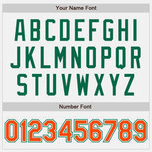 Load image into Gallery viewer, Custom White Kelly Green Pinstripe Orange-Kelly Green Bomber Full-Snap Varsity Letterman Jacket