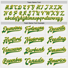 Load image into Gallery viewer, Custom White Kelly Green Pinstripe Kelly Green-Gold Bomber Full-Snap Varsity Letterman Jacket